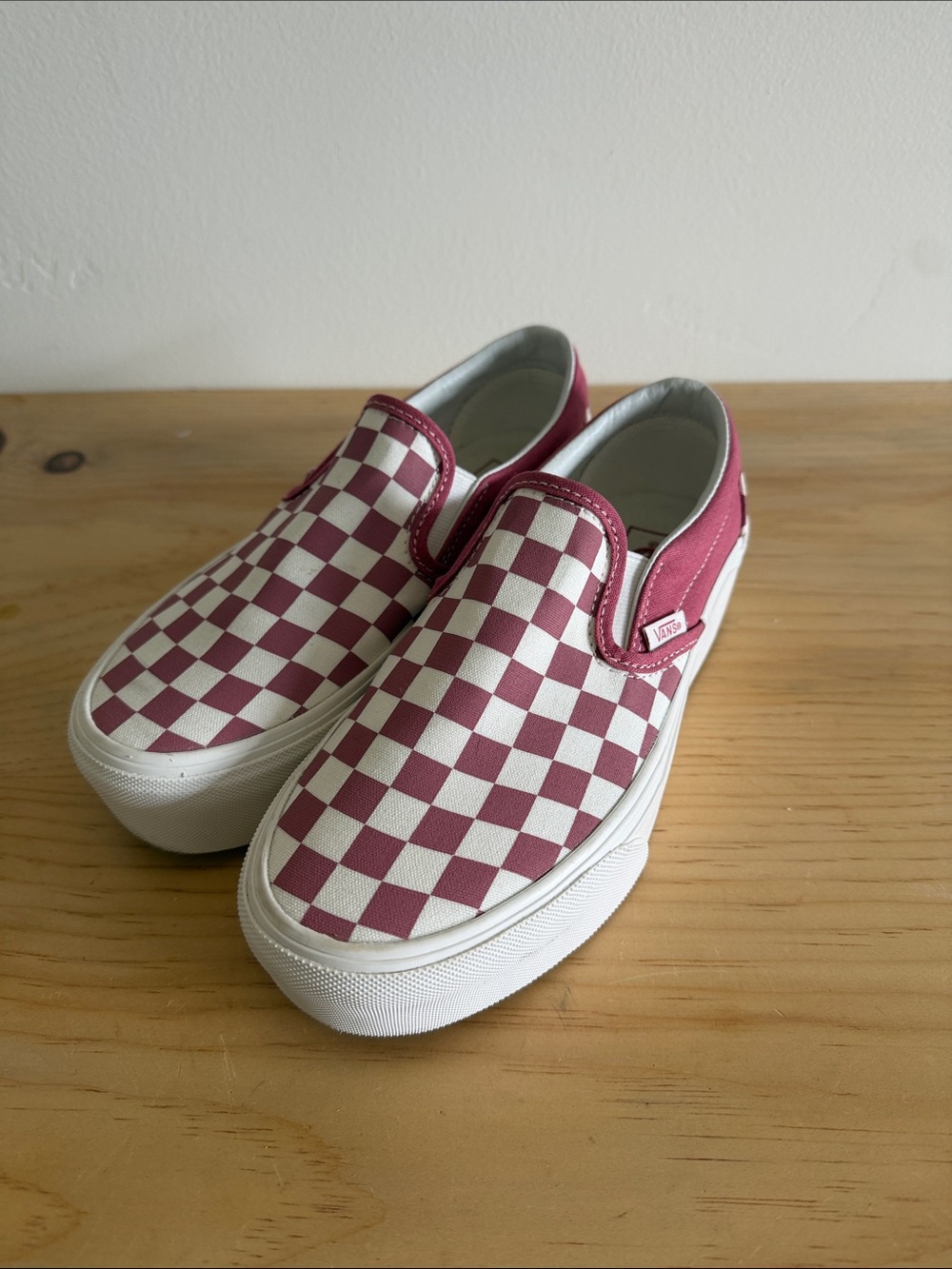 Vans Kids Classic Slip-On Checkerboard Sneakers in Burgundy and White